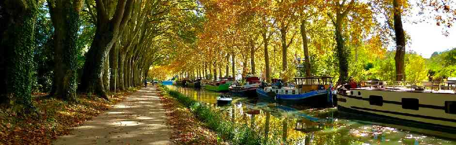 a boat on the canal du midi in autumn