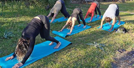 postures yoga dans une maison dhote lors d'un stage dans le caroux